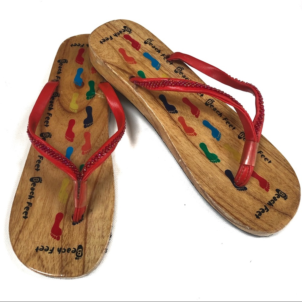 Beach Feet Wooden Sandals Flip Flop Thong Shoes